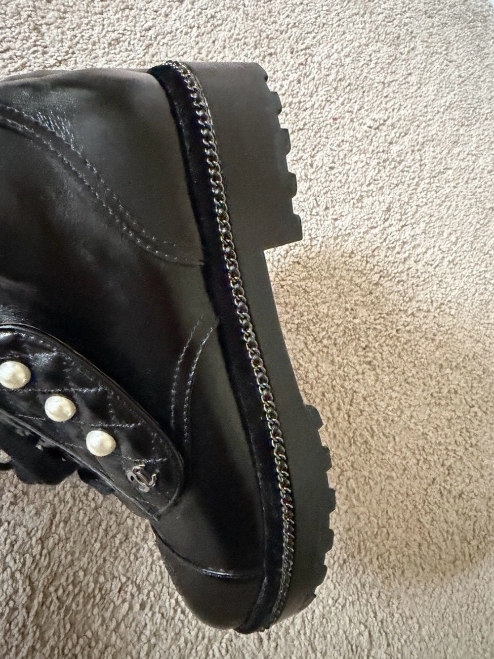CHANEL Black Quilted Pearl-Accent Lace-Up combat Boots 9 - Picture 3 of 8